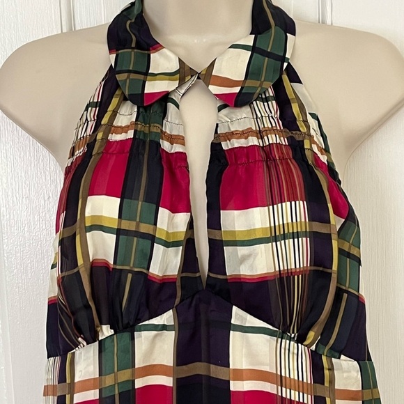 Vintage Guess 100% Silk Plaid Halter Collared Mini Dress Academia Preppy Party - Picture 2 of 11